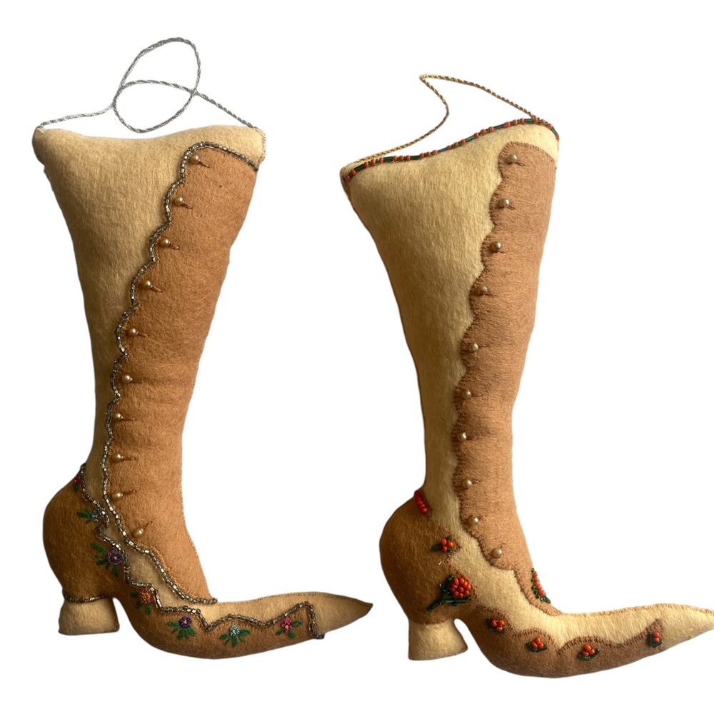 Set Of 2 Felt Material Stuffed Hand Made Boots With Glass Beaded Details